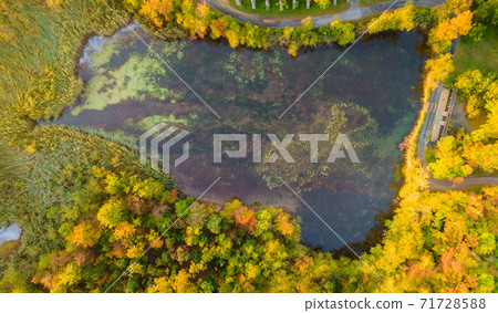 Panorama of forest in the autumn from height a beautiful calm lake in the landscape Panorama of forest in the autumn from height a beautiful calm lake in the landscape 71728588