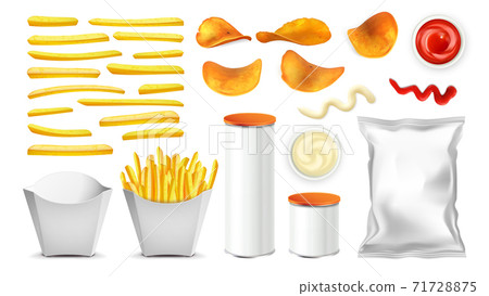 Fried Potato, Chips, Packages And Sauce Set Vector 71728875