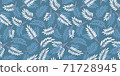 Christmas seamless pattern. Hand-drawn fir branches on a blue background. Cute flat illustration. Simple ornament for fabric, postcard, banner, wrapping paper. 71728945