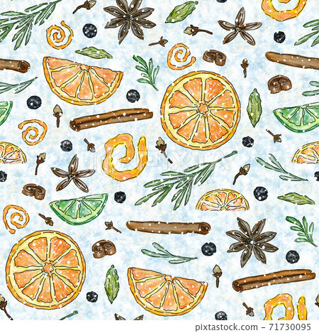 Seamless pattern with ingredients for hot winter drinks such as grog, punch, mulled wine 71730095