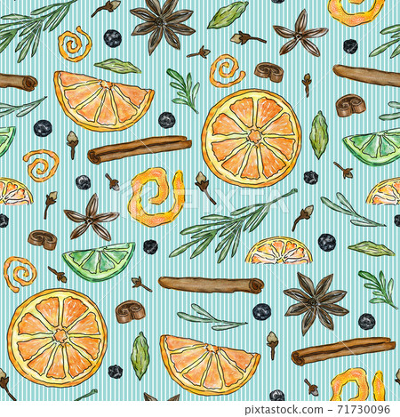 Seamless pattern with ingredients for hot winter drinks such as grog, punch, mulled wine 71730096