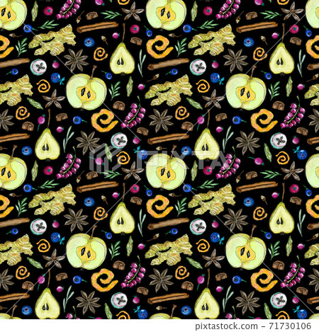 Seamless pattern with ingredients for hot winter drinks such as grog, punch, mulled wine 71730106