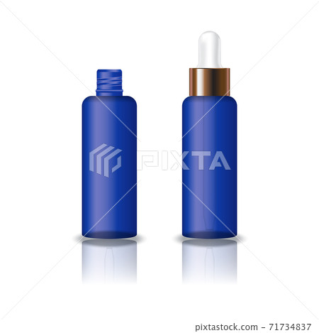 Blank blue clear cosmetic round bottle with white dropper lid for beauty product packaging. 71734837