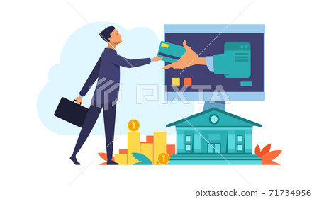 Online bank. Finance mobile application concept. Debit and credit cards, payments or financial transactions. Accounting for business. E-commerce web service. Vector internet platform 71734956