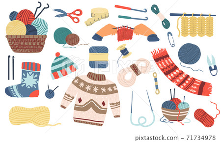 Knitting. Wool yarn, hook or needles for handicraft. Basket with skeins of threads. Handmade garment. Knitted sweater or socks and scarf. Hobby and leisure pastime. Vector needlework set 71734978