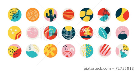 Highlight cover. Contemporary abstract shapes, doodle hand drawn objects for social media content. Modern blogger story circle wallpaper, round background colorful elements vector set Highlight cover. Contemporary abstract shapes, doodle hand drawn objects for social media content. Modern blogger story circle wallpaper, round background colorful elements vector set 71735018