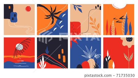 Abstract scribble posters. Trendy square banners with exotic tropical leaves, nature elements and modern doodle shapes. Social media background collection, vector curve collage set 71735030