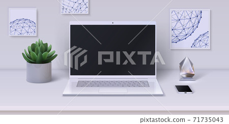 Workspace. Realistic desktop with modern devices and office stationery. Home workplace. Phone and laptop on table decorated with room flower, statuette and pictures, vector interior 71735043