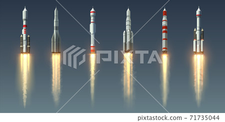 Rocket launch. Realistic spacecraft with steam jet trace. Going up space vehicles. Spaceship with takeoff smoke track and fire burst. Shuttles of various designs, vector isolated set Rocket launch. Realistic spacecraft with steam jet trace. Going up space vehicles. Spaceship with takeoff smoke track and fire burst. Shuttles of various designs, vector isolated set 71735044