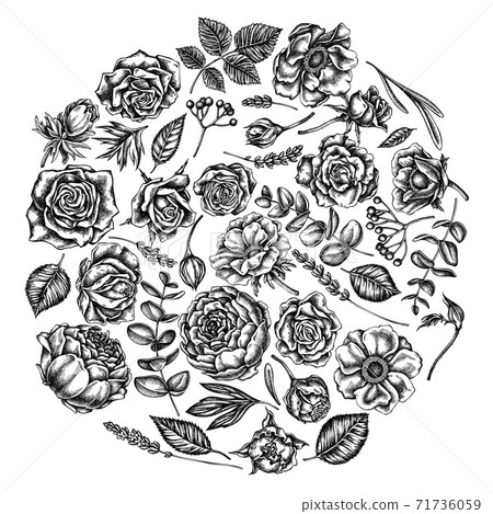 Round floral design with black and white roses, anemone, eucalyptus, lavender, peony, viburnum Round floral design with black and white roses, anemone, eucalyptus, lavender, peony, viburnum 71736059