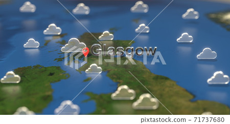 Glasgow city and cloudy weather icon on the map, weather forecast related 3D rendering Glasgow city and cloudy weather icon on the map, weather forecast related 3D rendering 71737680