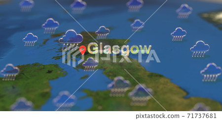 Glasgow city and rainy weather icon on the map, weather forecast related 3D rendering Glasgow city and rainy weather icon on the map, weather forecast related 3D rendering 71737681