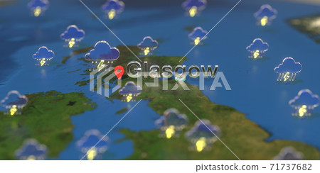 Glasgow city and stormy weather icon on the map, weather forecast related 3D rendering Glasgow city and stormy weather icon on the map, weather forecast related 3D rendering 71737682