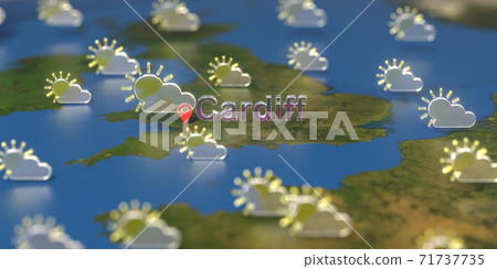 Partly cloudy weather icons near Cardiff city on the map, weather forecast related 3D rendering 71737735