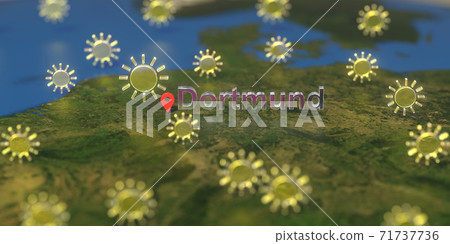 Sunny weather icons near Dortmund city on the map, weather forecast related 3D rendering Sunny weather icons near Dortmund city on the map, weather forecast related 3D rendering 71737736