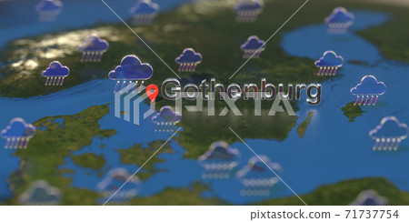 Rainy weather icons near Gothenburg city on the map, weather forecast related 3D rendering Rainy weather icons near Gothenburg city on the map, weather forecast related 3D rendering 71737754