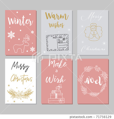 Merry Christmas greeting card set with cute xmas tree, santa and deer retro designs. 71738129
