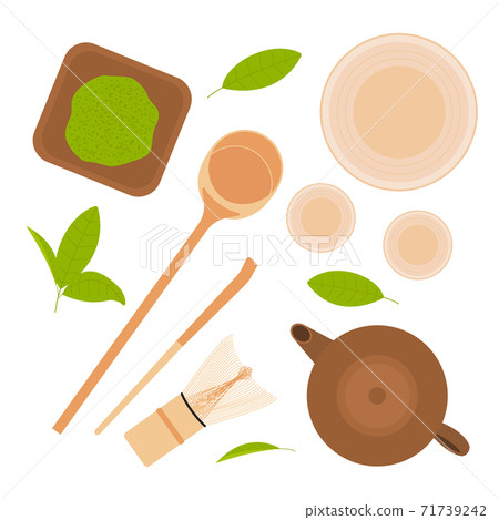 Japanese matcha tea ceremony. Various tools for preparing drink, matcha powder and leaves, chawan, chasen, chashaku, hishaku, tea pot. Flat lay top view. Vector illustration Japanese matcha tea ceremony. Various tools for preparing drink, matcha powder and leaves, chawan, chasen, chashaku, hishaku, tea pot. Flat lay top view. Vector illustration 71739242