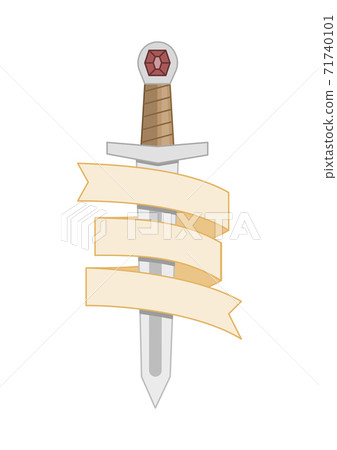 Medieval sword with ribbon around it. Flat illustration isolated on white background. Medieval sword with ribbon around it. Flat illustration isolated on white background. 71740101