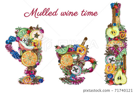 Illustration of cups and bottle for mulled wine hot drink ingredients, cafe, restaurant menu 71740121