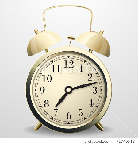 Alarm clock. Mechanical table clock with arrows, dial and metal bell percussion 71740518