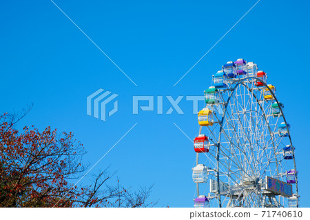 Arakawa Amusement Park's new Ferris wheel and blue sky autumn leaves close-up Arakawa Amusement Park's new Ferris wheel and blue sky autumn leaves close-up 71740610