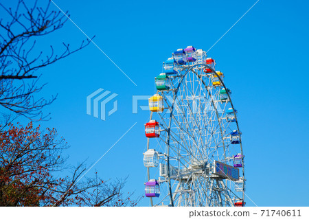 Arakawa Amusement Park's new Ferris wheel and blue sky autumn leaves close-up Arakawa Amusement Park's new Ferris wheel and blue sky autumn leaves close-up 71740611