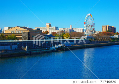 Arakawa Amusement Park's new Ferris wheel and blue sky autumn leaves 71740620
