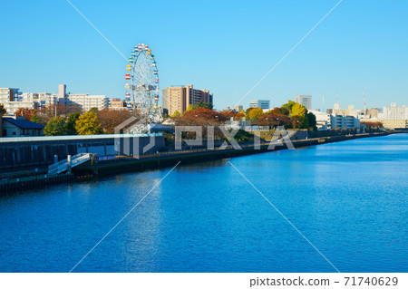 Arakawa Amusement Park's new Ferris wheel and blue sky autumn leaves Arakawa Amusement Park's new Ferris wheel and blue sky autumn leaves 71740629