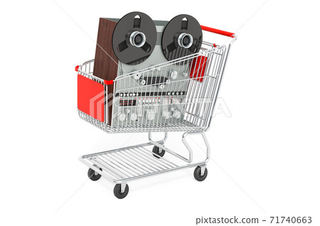 Reel-to-reel tape recorder inside shopping cart, 3D rendering 71740663