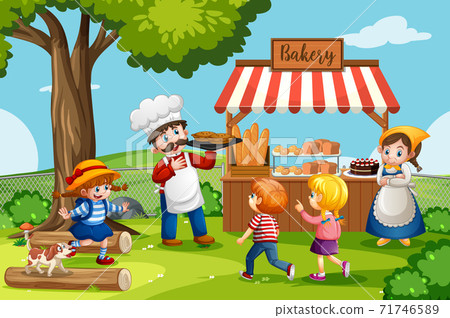 Front of bakery shop with baker in the park scene Front of bakery shop with baker in the park scene 71746589