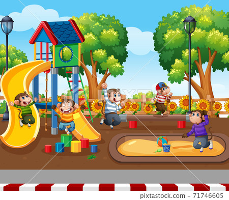 Five little monkeys jumping in the park playground scene 71746605