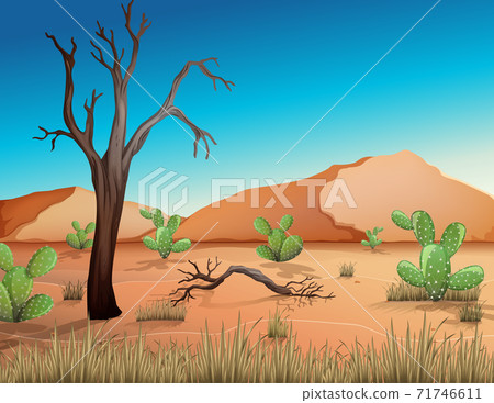 Desert with sand mountains and cactus landscape at day time scene Desert with sand mountains and cactus landscape at day time scene 71746611