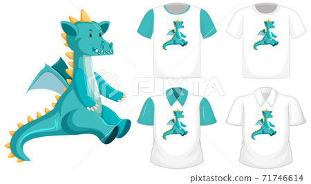Dragon cartoon character logo on different white shirt with blue short sleeves isolated on white background Dragon cartoon character logo on different white shirt with blue short sleeves isolated on white background 71746614