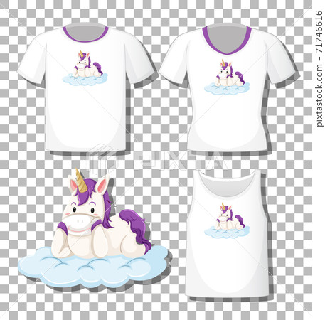 Cute unicorn lay on the cloud cartoon character with set of different shirts isolated on transparent background Cute unicorn lay on the cloud cartoon character with set of different shirts isolated on transparent background 71746616