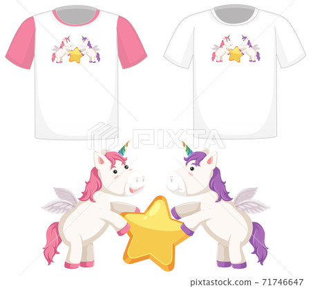 Cute unicorn logo on different white shirts isolated on white background Cute unicorn logo on different white shirts isolated on white background 71746647