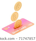 3D isometric illustration of bitcoins droping into credit card. 71747857