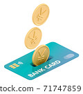 The yen and yuan coins droping into credit card. 71747859