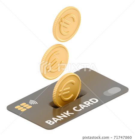 3D isometric illustration of euro coins droping into credit card. 71747860