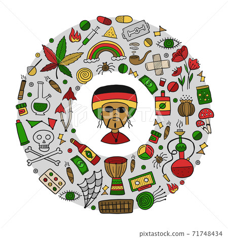 Drugs addiction. Say no to drugs. Rasta collection with skull, marijuana, drum, pills, music symbols 71748434