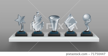 Realistic bookshelf with trophies. 3D transparent glass awards on black stands. Blank winner prizes, creative or scientific competition cups. Sport champion reward. Vector victory set 71750447