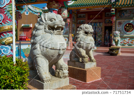 San Chao Pho Ongkharak Tutelary Shrine and The statue of Stone lion in front of the Shrine, focus selective. San Chao Pho Ongkharak Tutelary Shrine and The statue of Stone lion in front of the Shrine, focus selective. 71751734