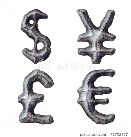 Set of symbols dollar, yen, lira, euro made of forged metal isolated on white background. 3d Set of symbols dollar, yen, lira, euro made of forged metal isolated on white background. 3d 71752877