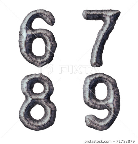 Set of numbers 6, 7, 8, 9 made of forged metal isolated on white background. 3d Set of numbers 6, 7, 8, 9 made of forged metal isolated on white background. 3d 71752879