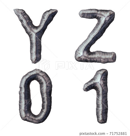 Set of capital letters Y, Z and number 0, 1 made of forged metal isolated on white background. 3d Set of capital letters Y, Z and number 0, 1 made of forged metal isolated on white background. 3d 71752881