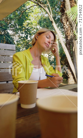 vertically. businesswoman holding video conference via laptop in an outdoor cafe vertically. businesswoman holding video conference via laptop in an outdoor cafe 71754922