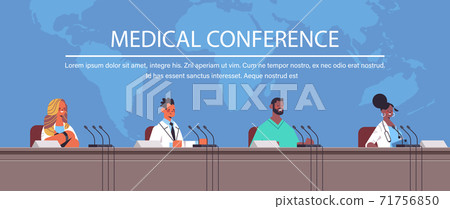 team of mix race doctors giving speech at tribune with microphone on medical conference medicine healthcare 71756850