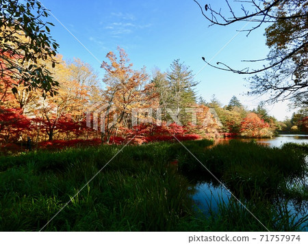 雲彩噴泉池塘在秋天 71757974