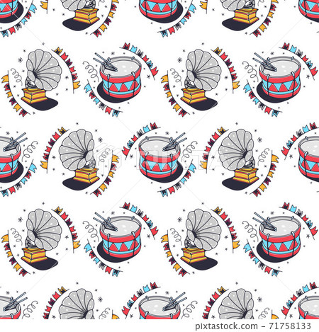 Drums and gramophones. Seamless pattern on a white background. Cute vector illustration. 71758133