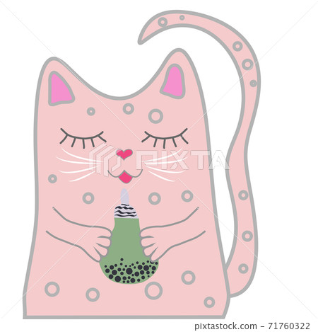 Funny pink cat closed his eyes and holds a drink in his paws. Cute girl concept Funny pink cat closed his eyes and holds a drink in his paws. Cute girl concept 71760322